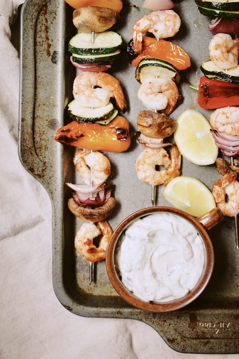 Shrimp Skewers with Tzatziki summer meals for a crowd.
