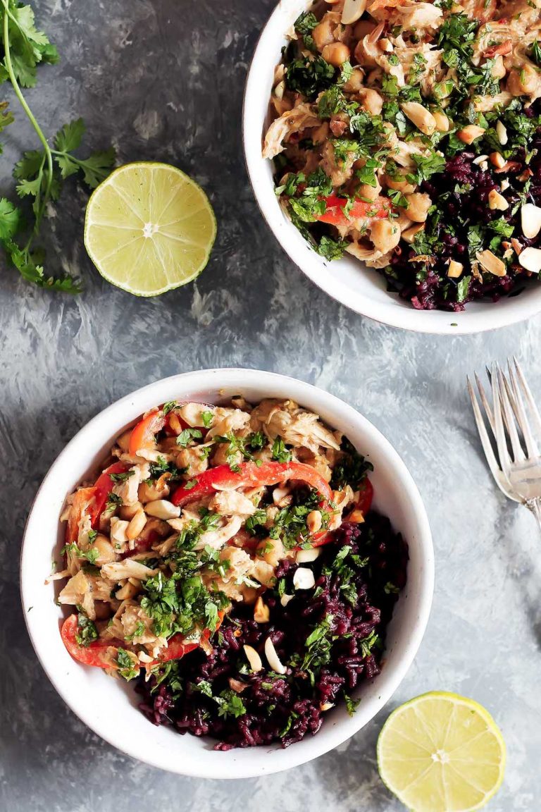Slow Cooker Thai-Inspired Peanut Chicken With Sticky Coconut Purple Rice From Ambitious Kitchen