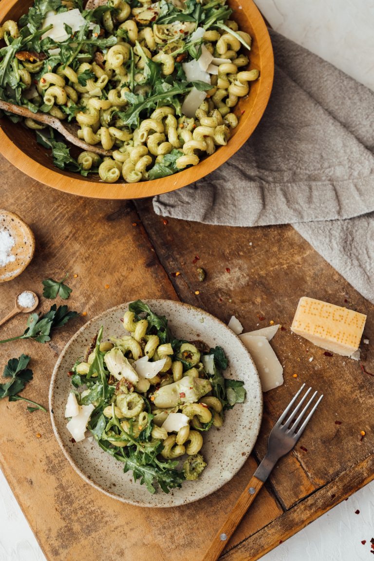 Lemony Spring Pasta Salad with Olives, Artichokes, and Bacon
