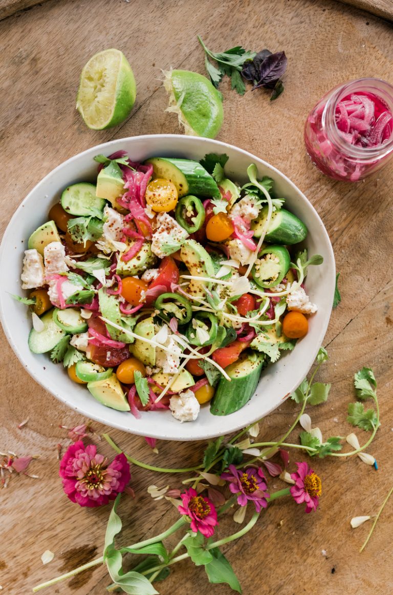 tomato, avocado, and cucumber salad with feta