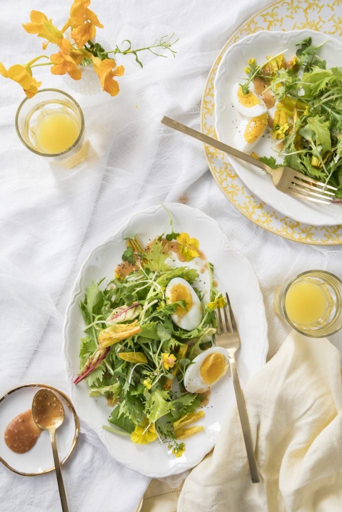 Baby Greens With Beet Leaves, Soft Boiled Egg, And Hot Guava Dressing