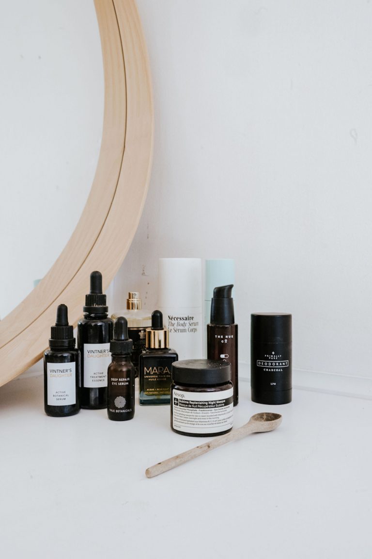 Beauty products on the bathroom counter.