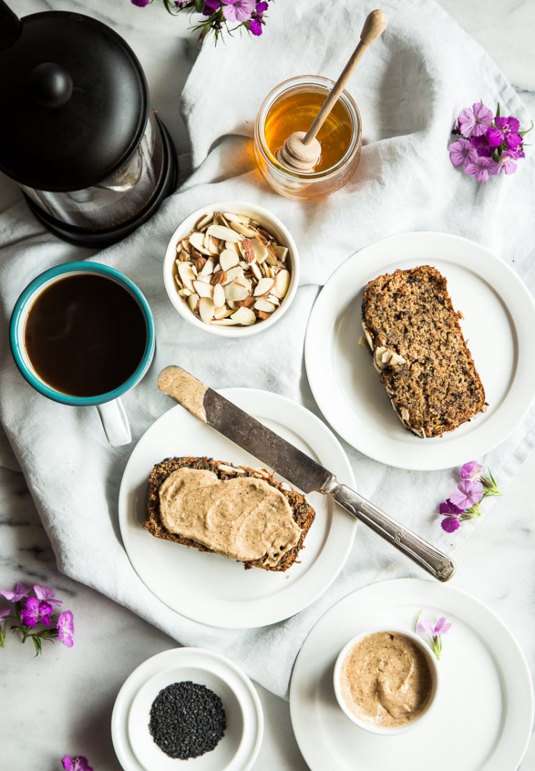 black sesame banana bread with tahini and almond butter