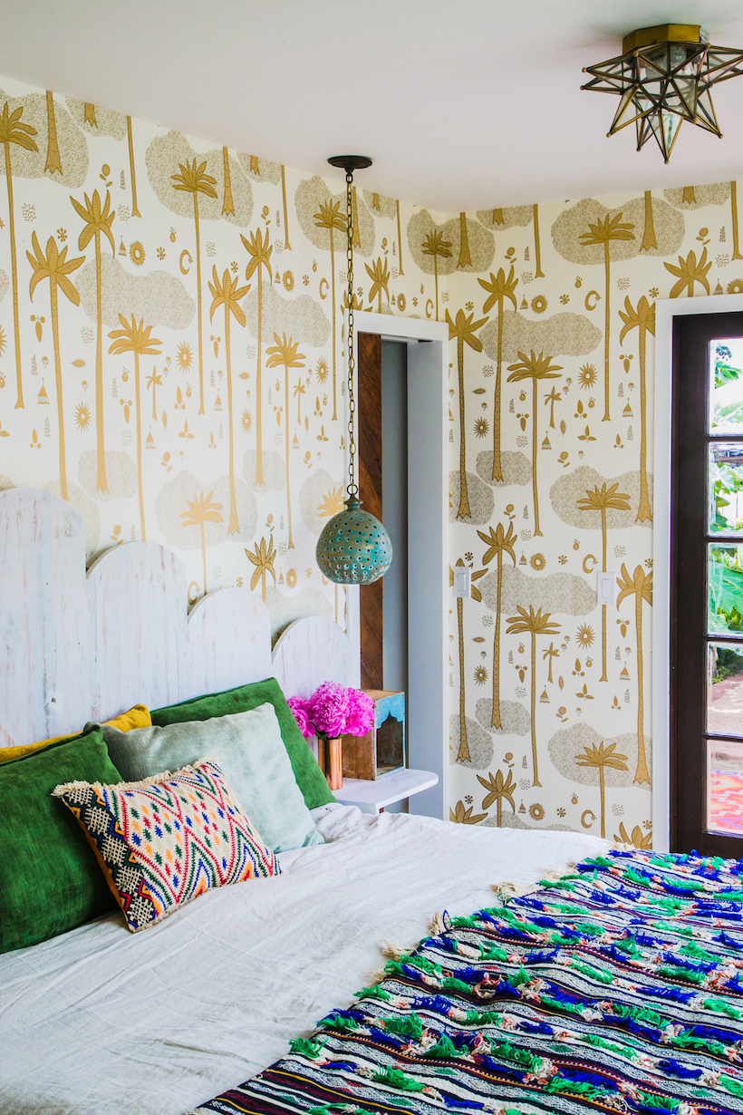 Justina Blakeney bedroom with wallpaper