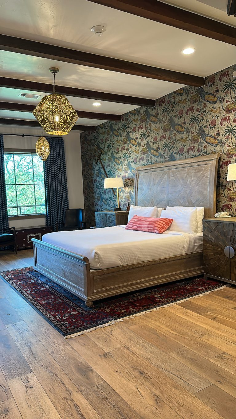 Interior of cabin suite at Camp Lucy in Dripping Springs, Texas.