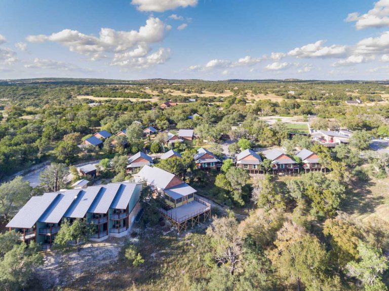 Aerial view of Camp Lucy resort in Dripping Springs, Texas.