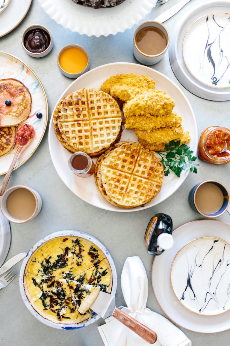 oven-baked chicken & cornmeal waffles with cheddar cheese