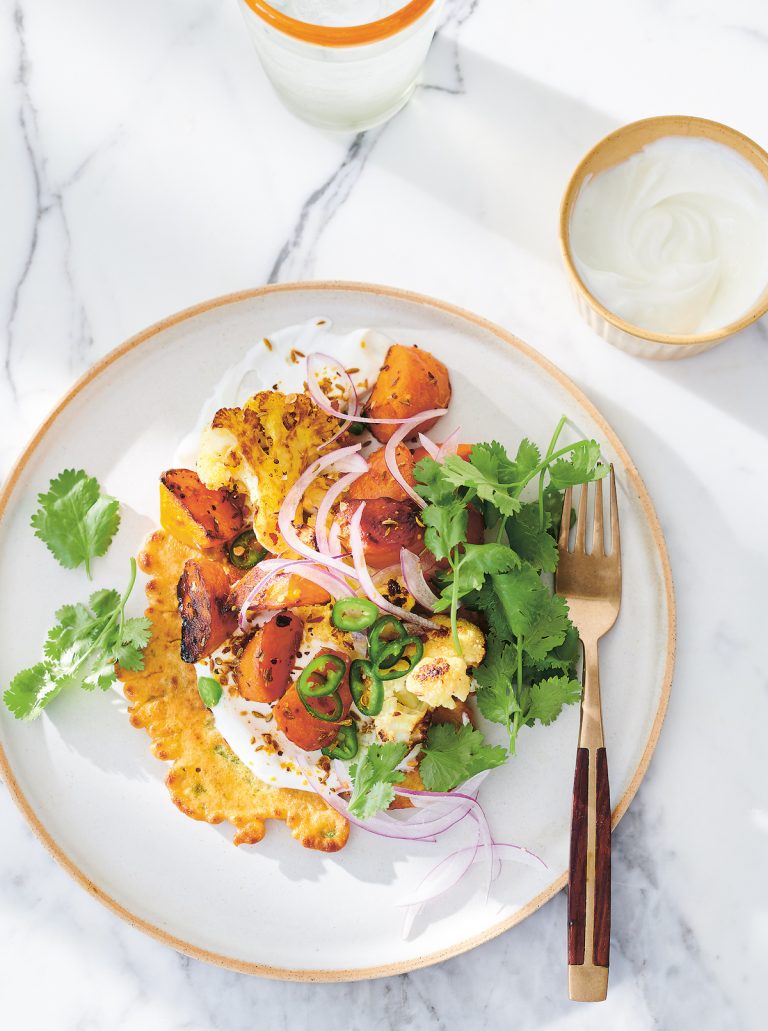 chickpea pancakes with spiced roast cauliflower & carrots_summer breakfast ideas