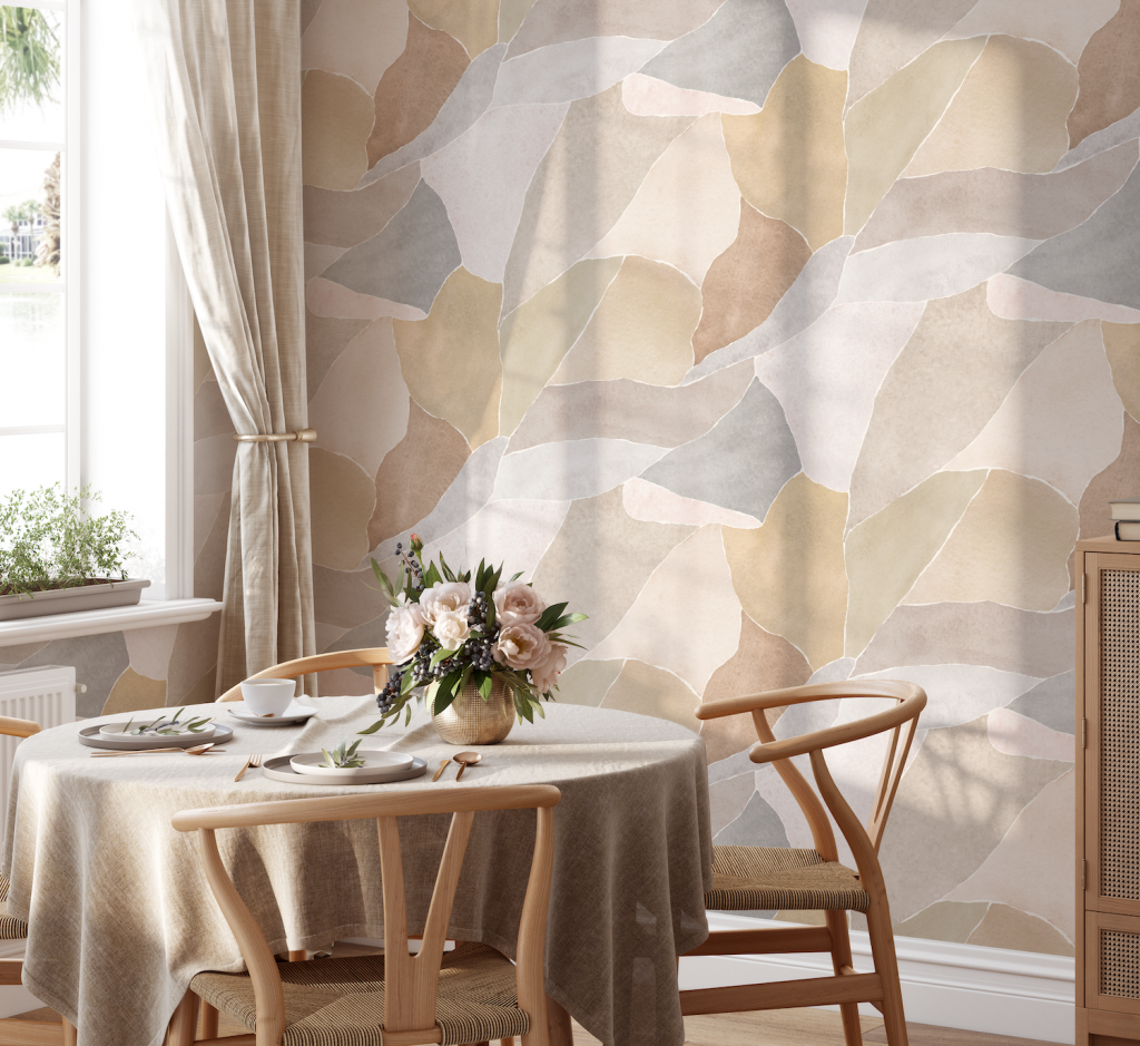 Neutral-colored dining room with wallpaper.