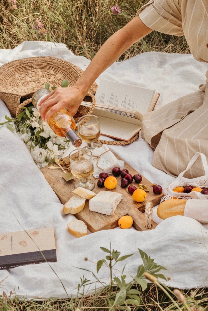 picnic aesthetic spread on white linen