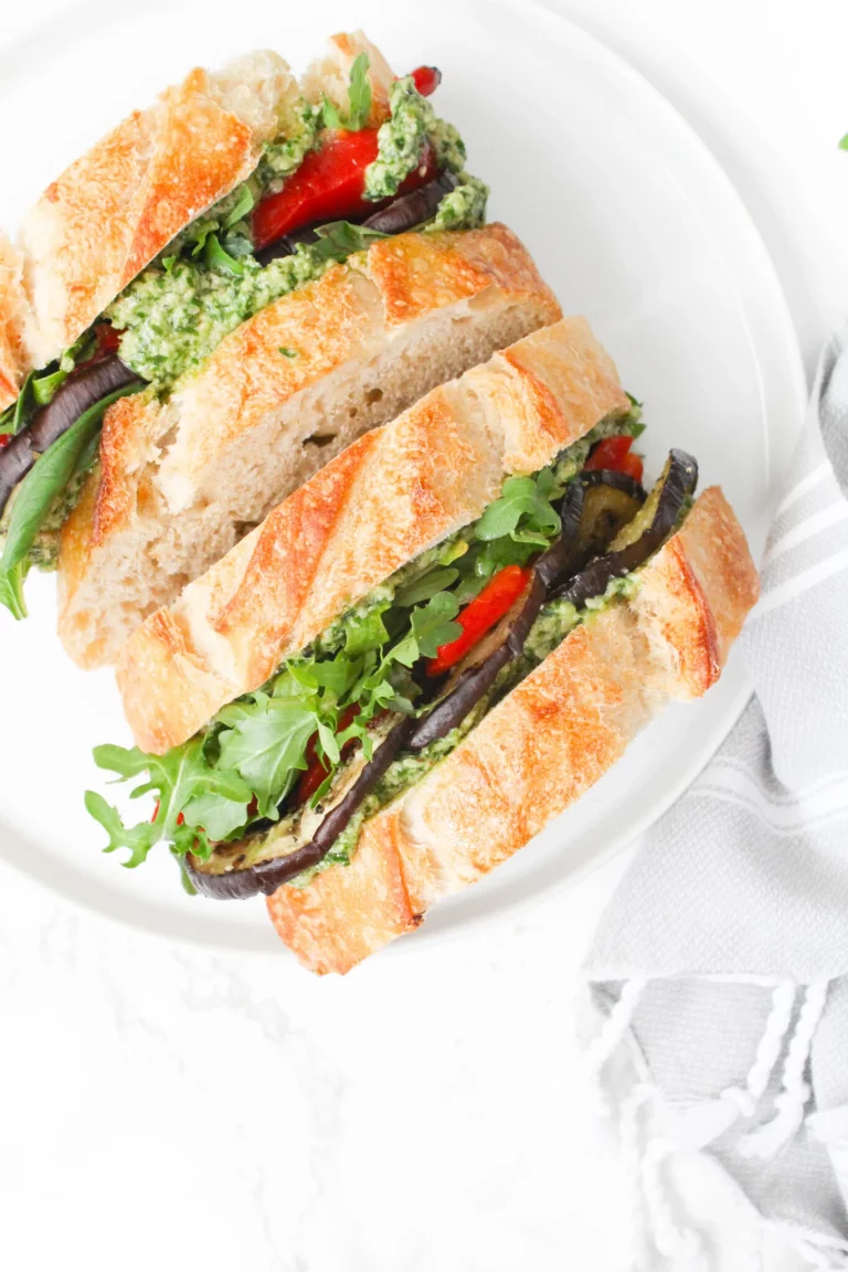 Roasted Eggplant Sandwich with Vegan Arugula Walnut Pesto