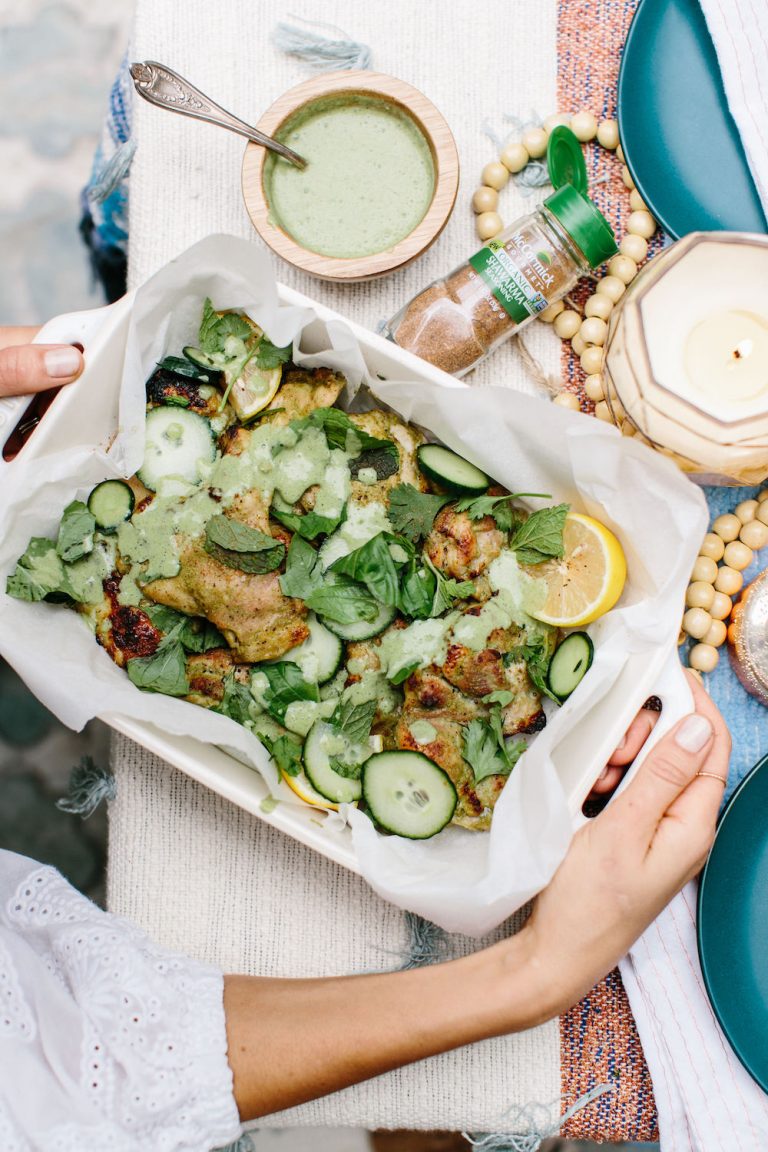 Shawarma Marinated Chicken Thigh Meat with Herb Salad and Lemon_Easy chicken recipe made with few ingredients