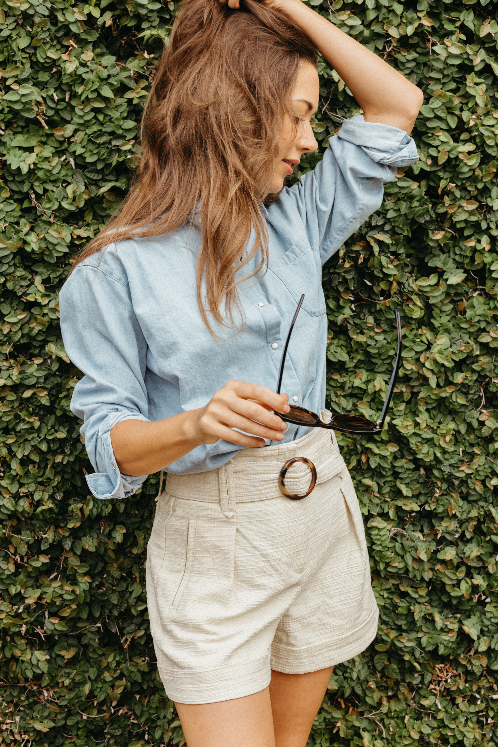 shorts and denim shirt for a picnic