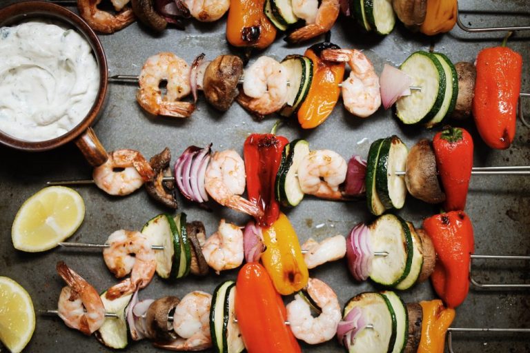 Shrimp and vegetable skewers.