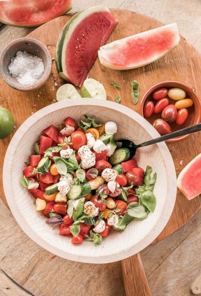 watermelon salad with cucumber, mint, feta, and lime
