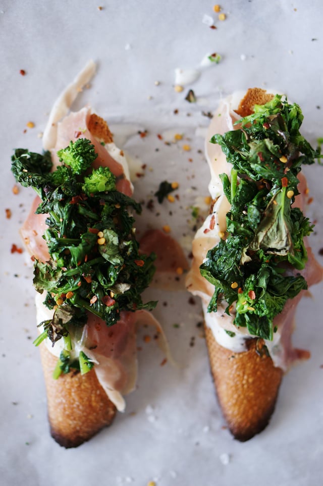 broccoli rabe, burrata, and prosciutto crostini