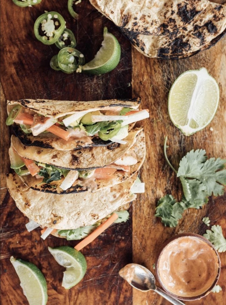 Lime-y Chicken Tacos with Jicama, Avocado, & Mint