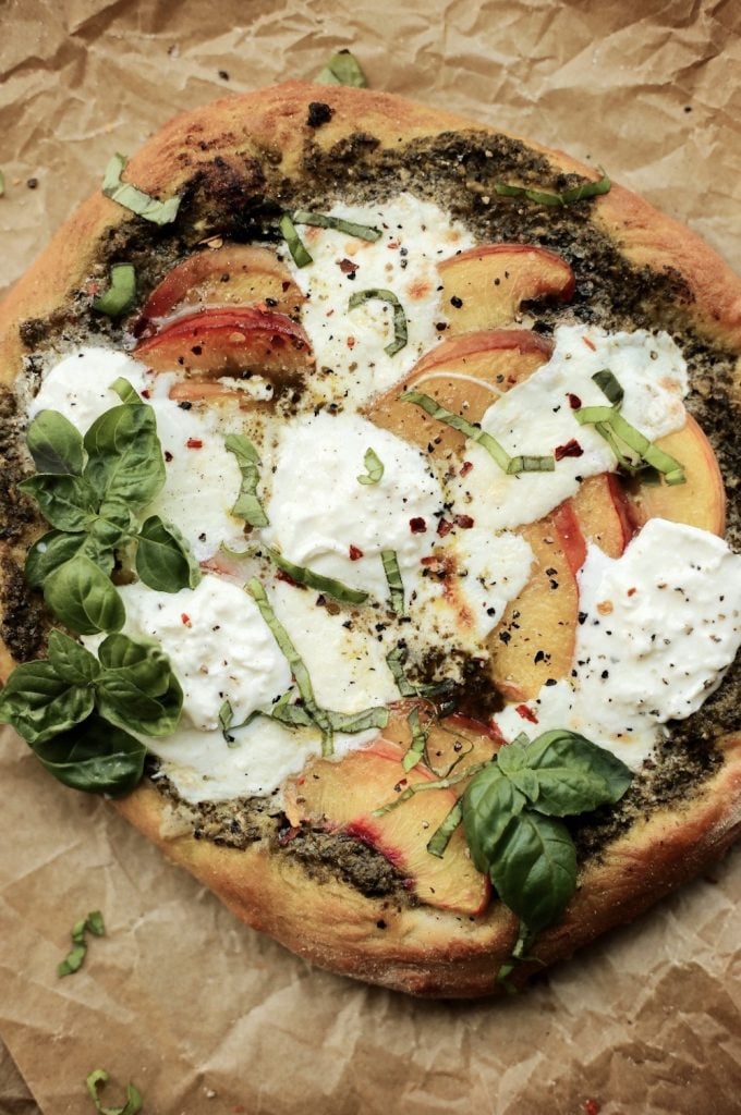 peach, pesto, and balsamic pizza