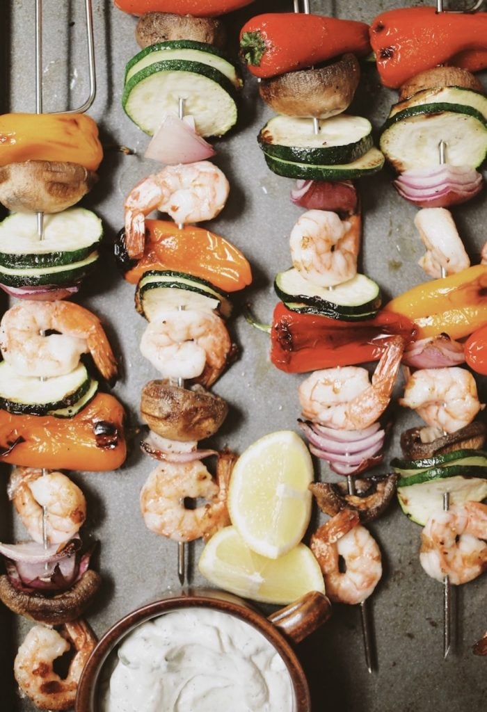 shrimp skewers with tzatziki