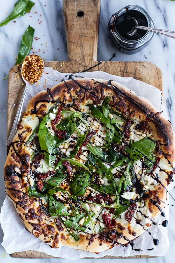 Springtime Mushroom & Asparagus White Burrata Cheese Pizza With Balsamic Drizzle