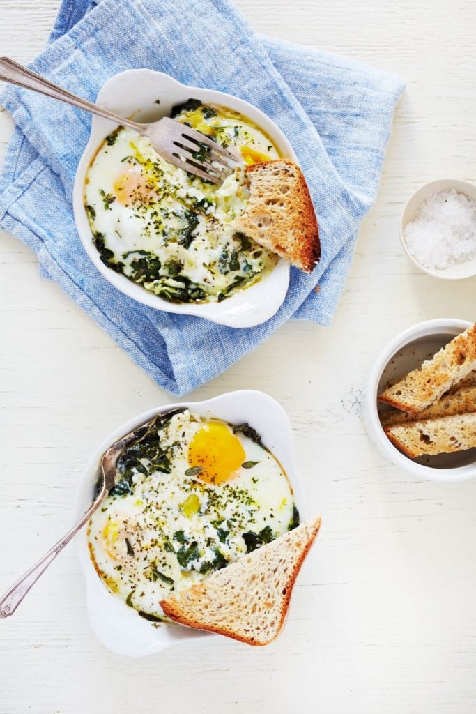 baked eggs with ricotta, thyme, and chervil
