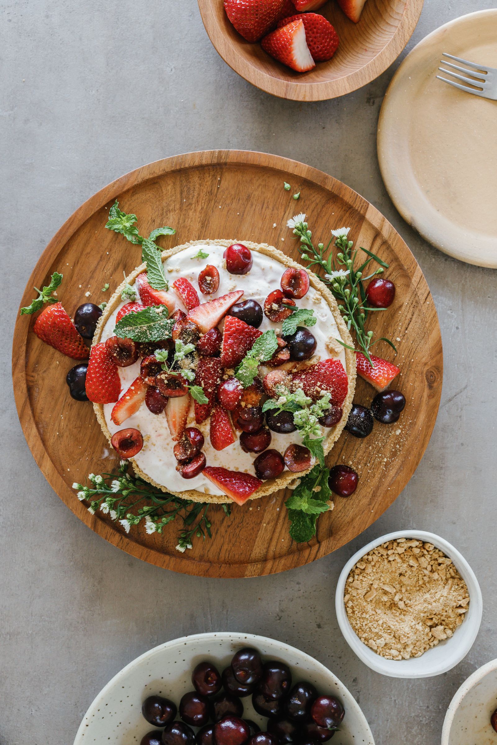 cherry berry ice cream pie on platter