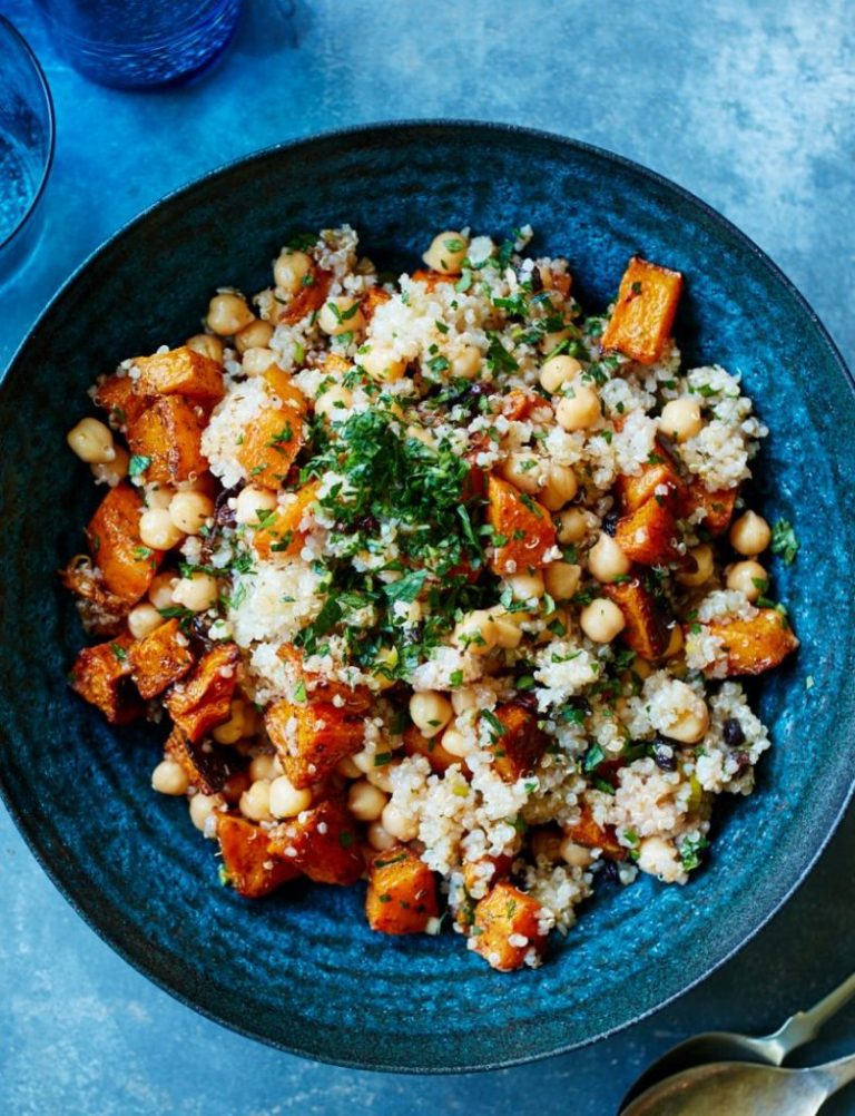 crispy roasted butternut squash and quinoa with currant vinaigrette