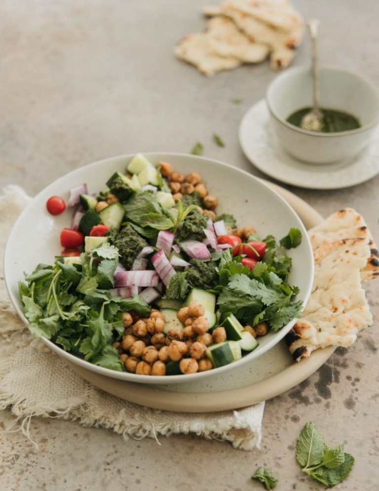 cumin chickpea salad with mint chutney_high protein vegetarian meals