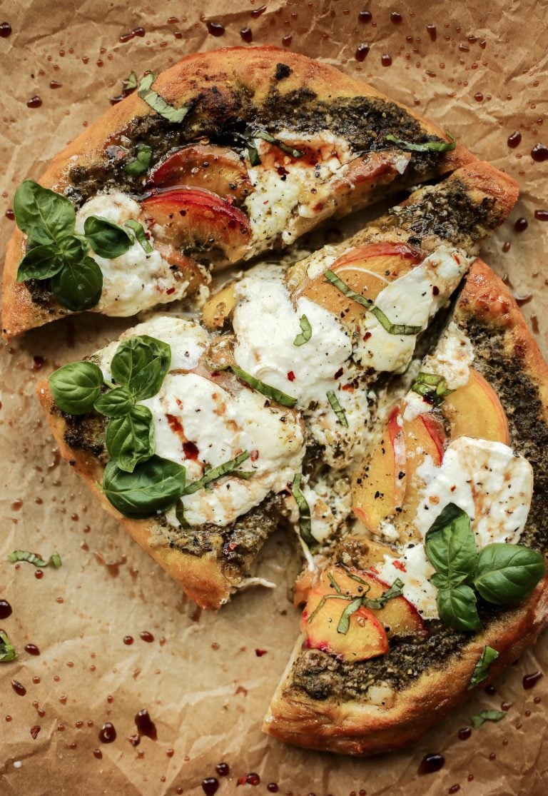 peach, pesto, and balsamic pizza