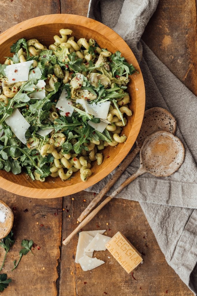 Lemony Spring Pasta Salad with Olives, Artichokes, and Bacon