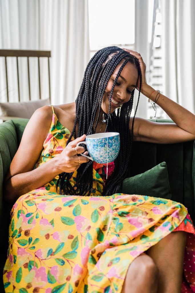 Woman drinking tea.