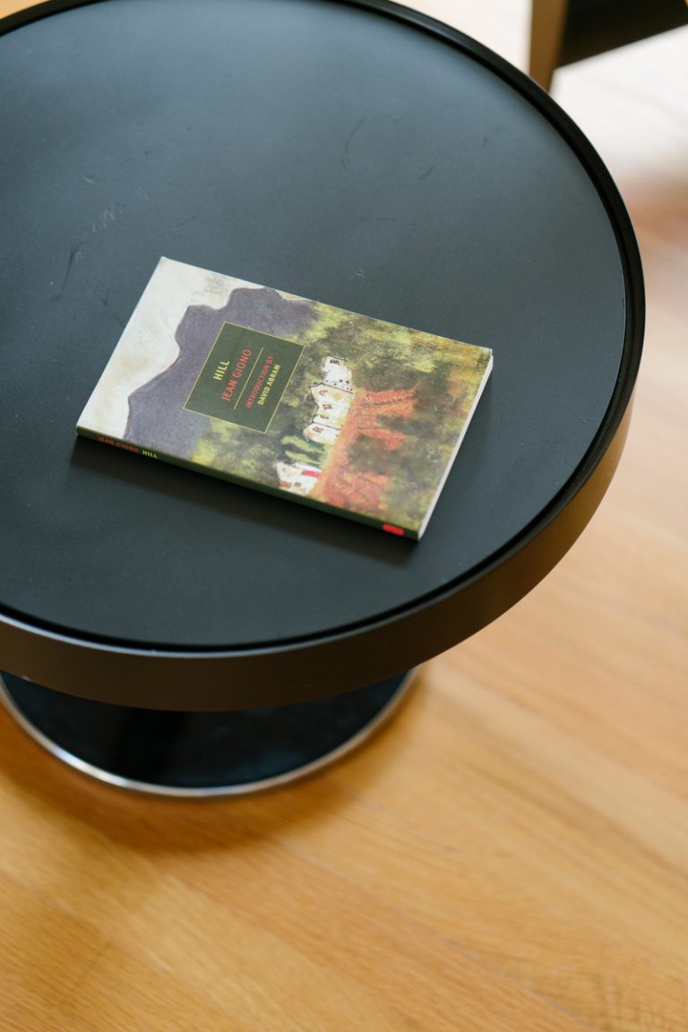 Circular black coffee table.