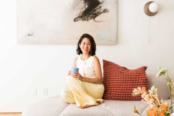 Eunice Byun in living room in New York City apartment.