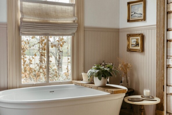 Farmhouse-style bathroom.