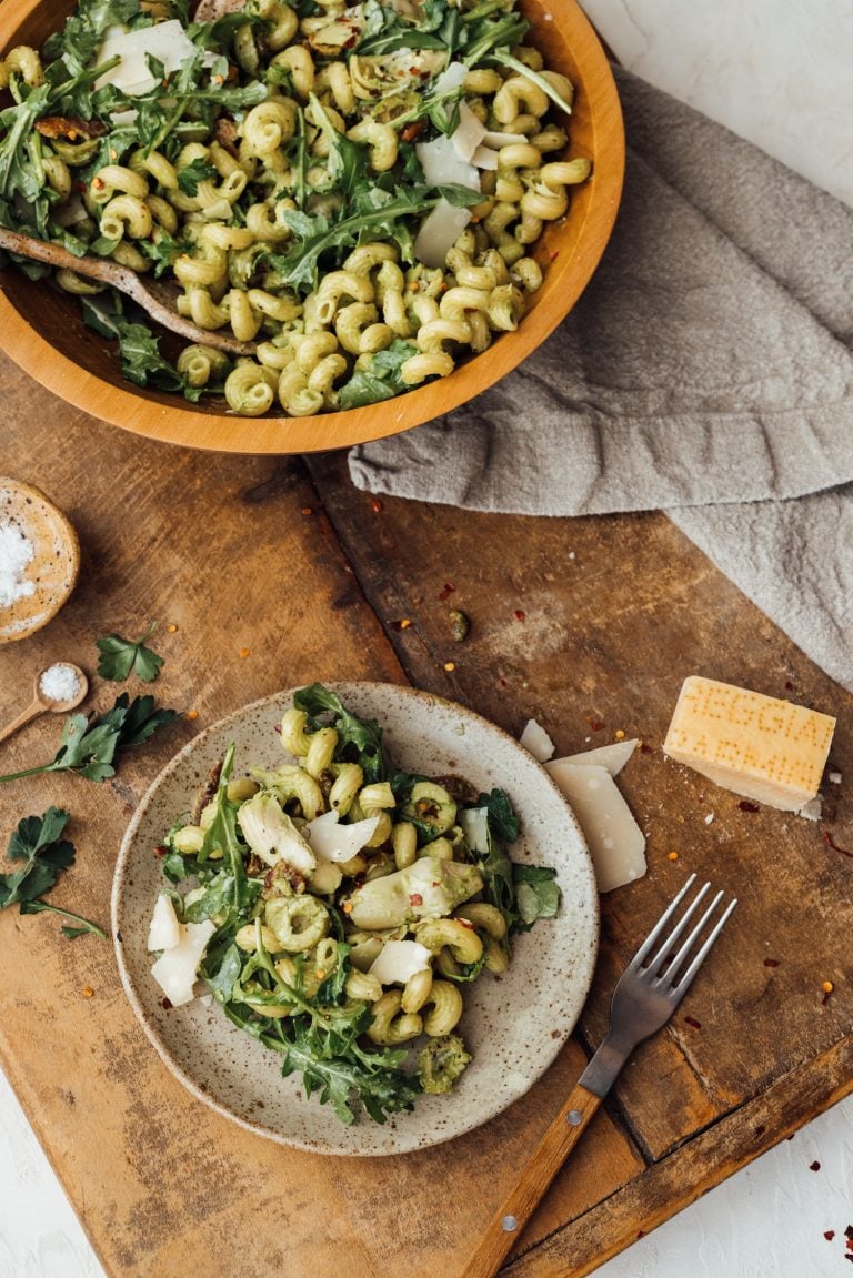 Lemony Spring Pasta Salad with Olives, Artichokes, and Bacon