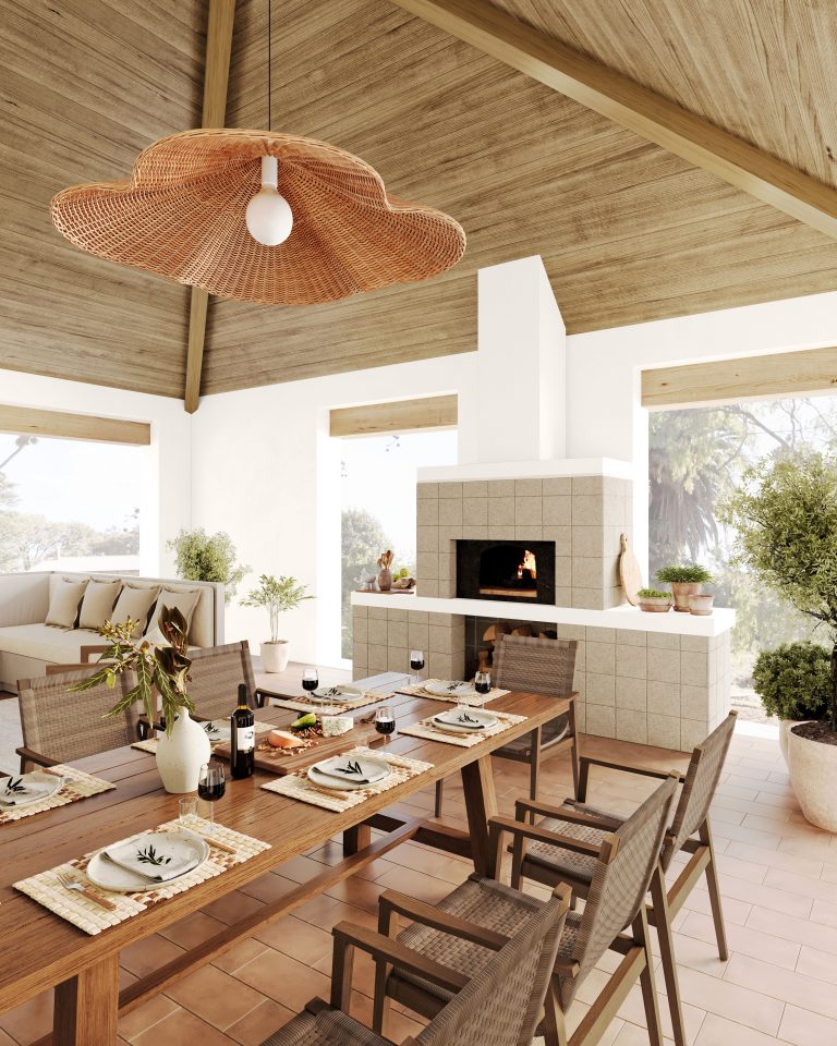 outdoor dining area with fireplace_living by design virtual showhouse