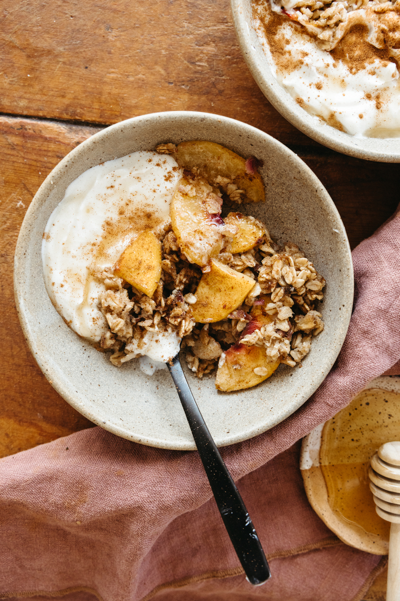 peach and pecan baked oatmeal in a bowl