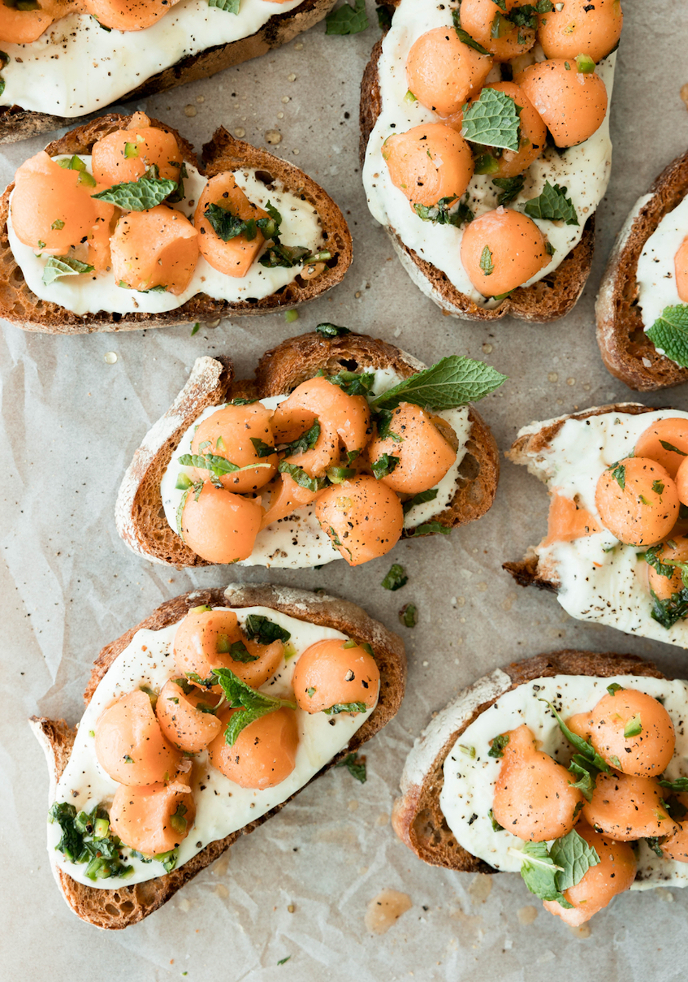 Spicy melon mint burrata toast.