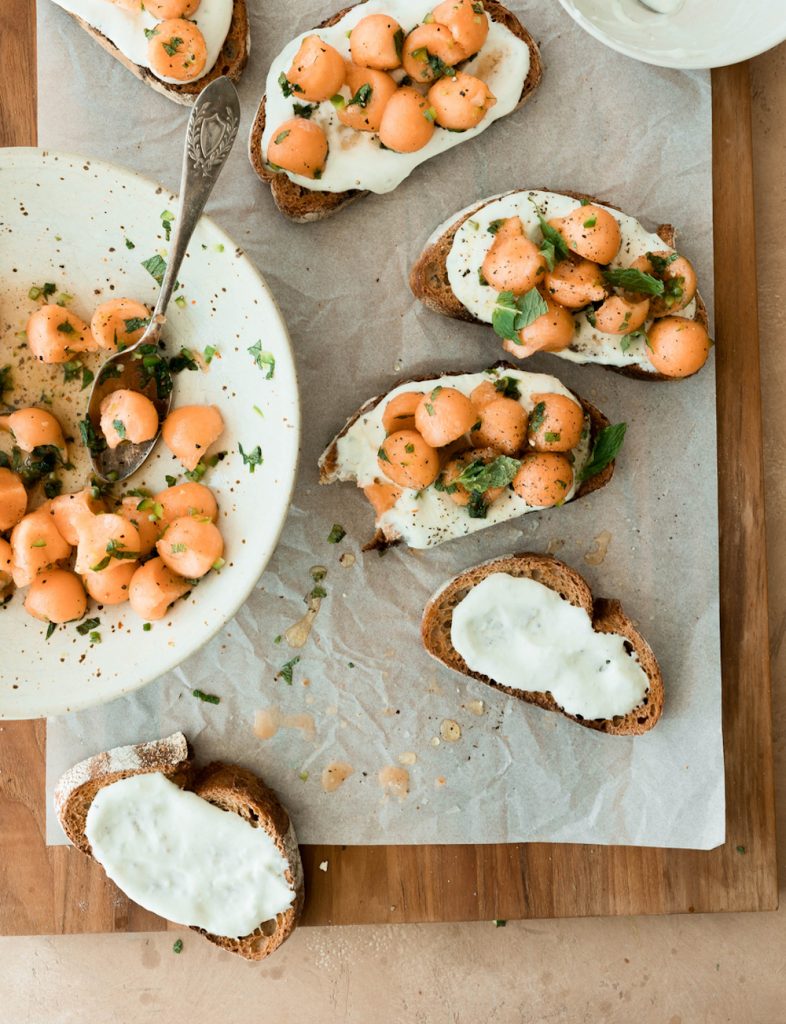 Spicy melon mint ricotta toast.