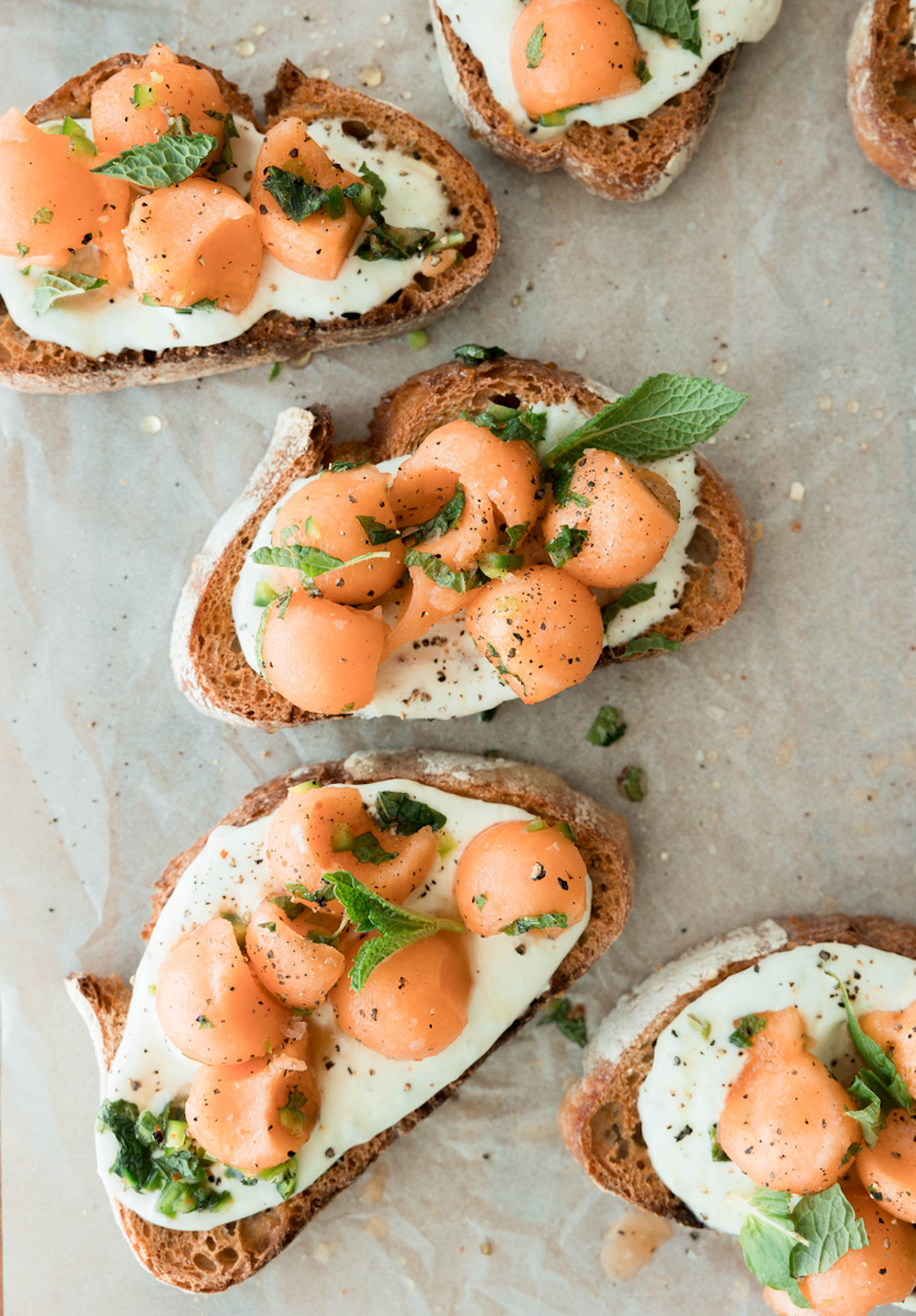 Spicy whipped ricotta melon toast.