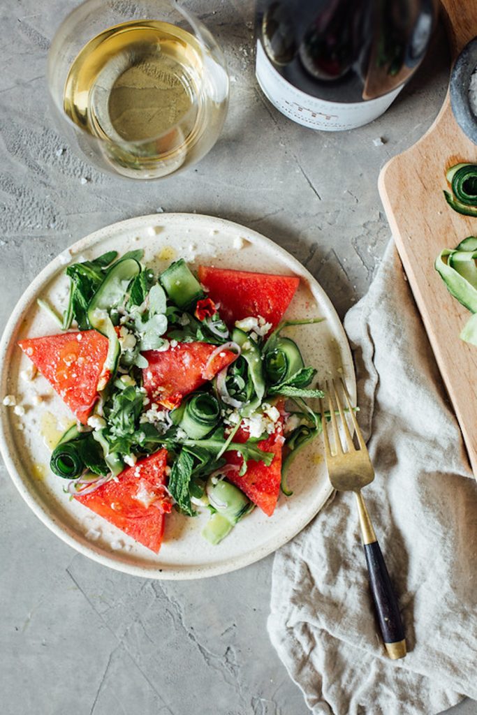 watermelon salad with cucumber, mint, feta, and lime