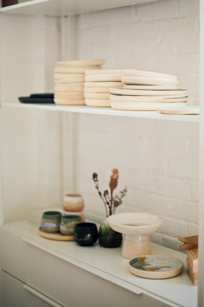 Ceramics on a shelf.