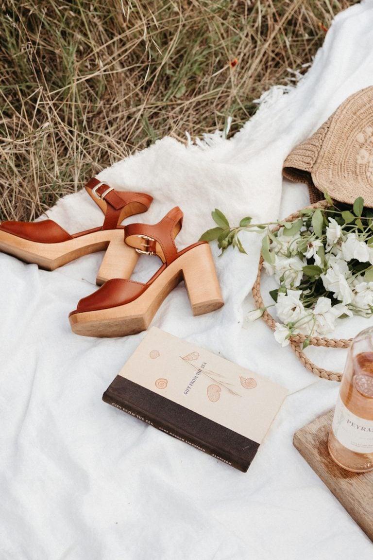 Sandals on picnic blanket.