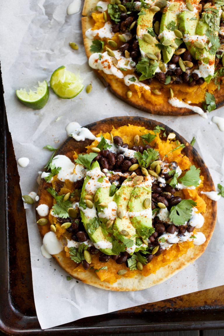 Pita Tostadas with Butternut Squash, Black Beans, & Avocado