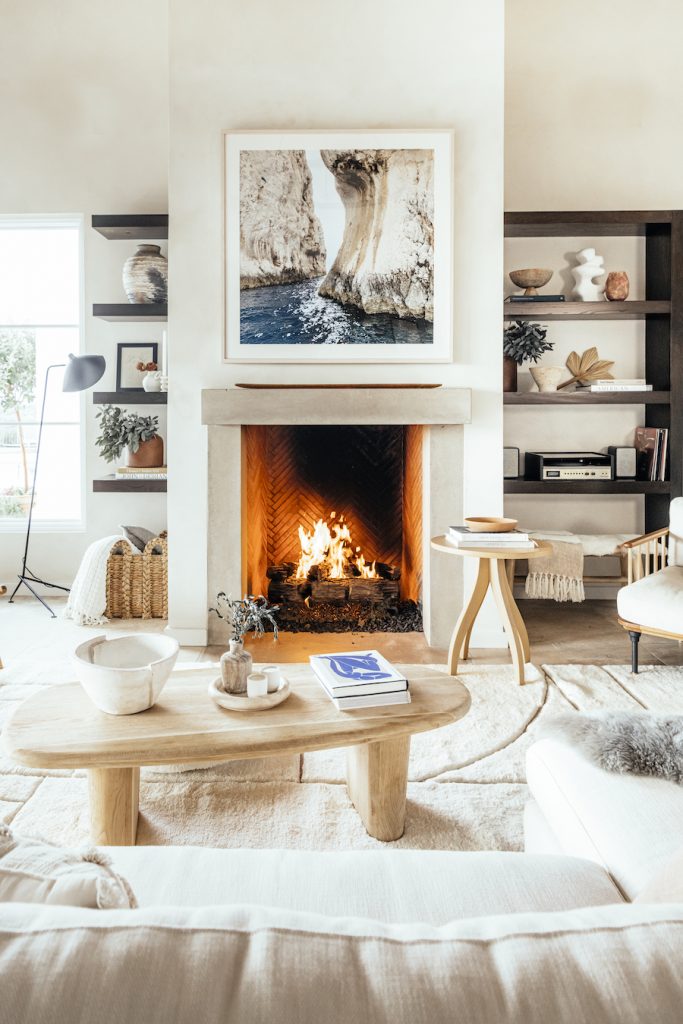 Cozy living room with fireplace.