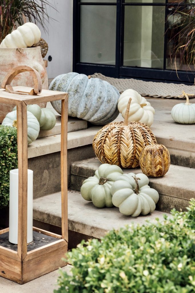 Outdoor fall pumpkin decorations.