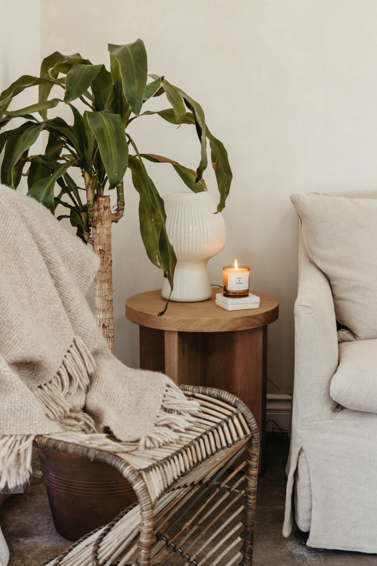 Cozy living room corner with candle and plant.