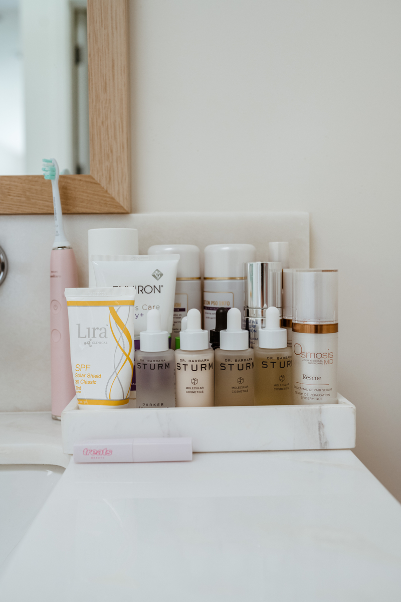 skincare products in bathroom