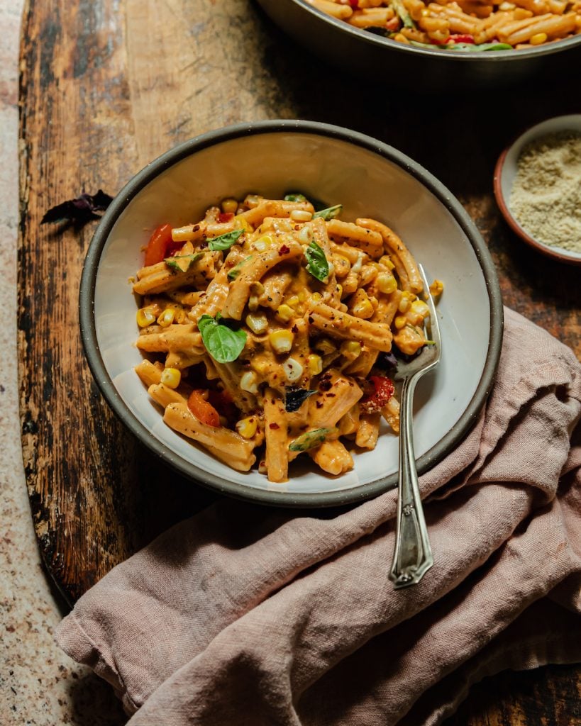 Vegan Red Pepper Pasta with Charred Corn & Basil