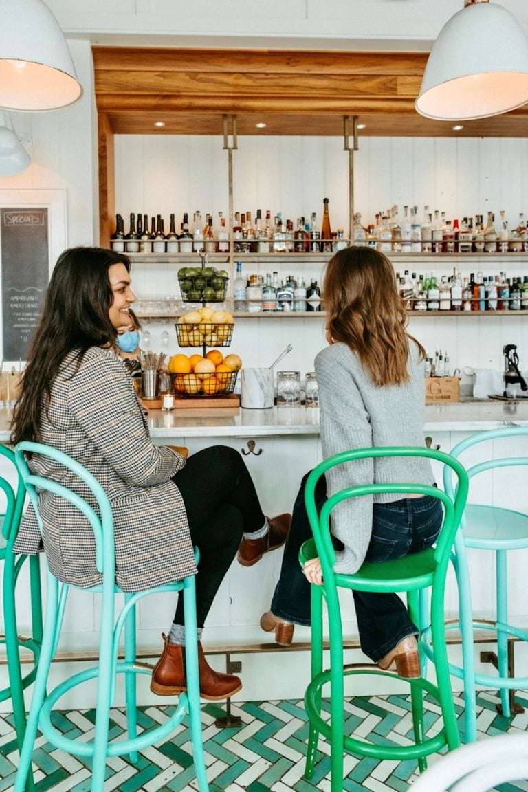 Two women sitting at bar.